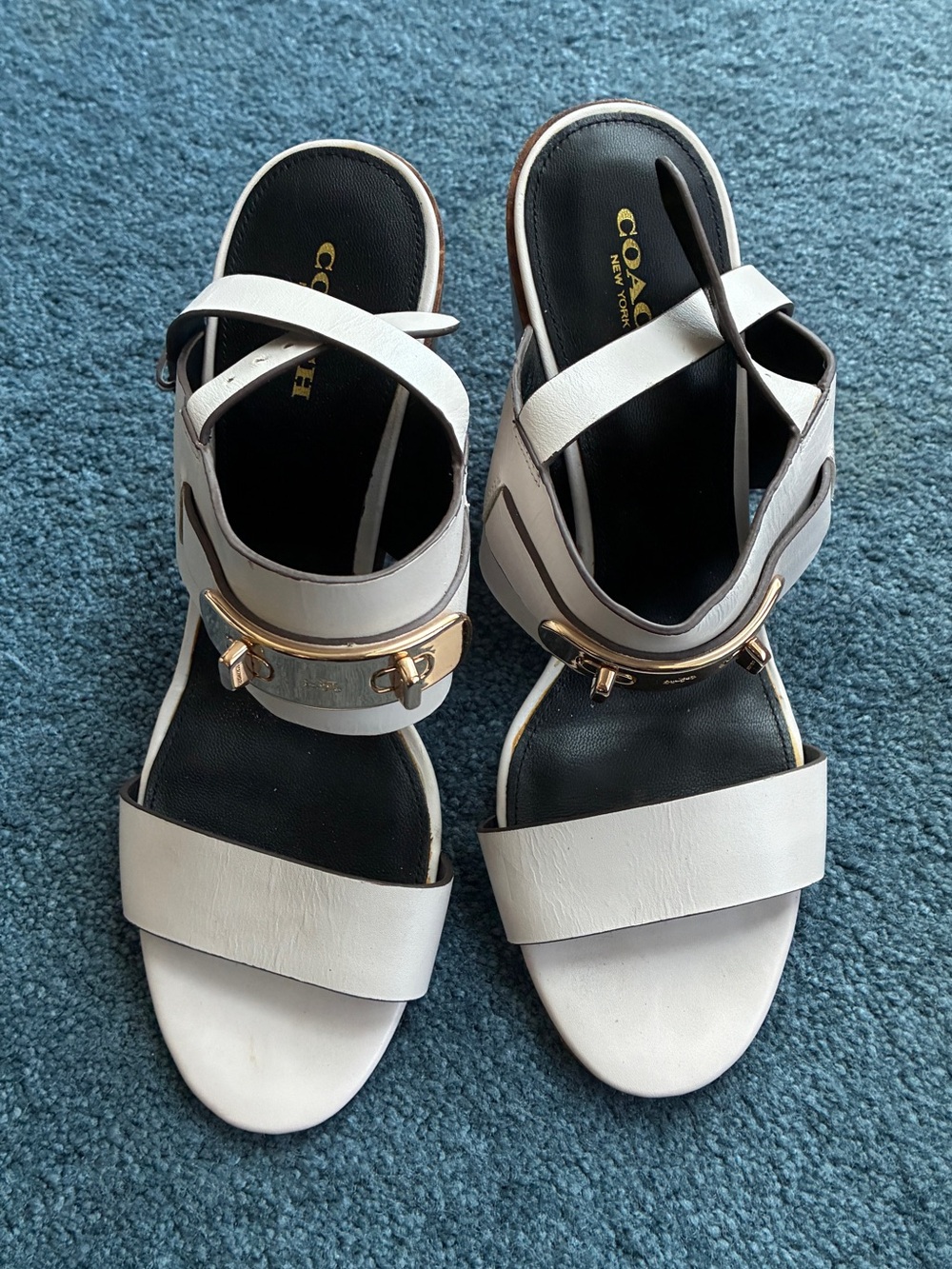 Coach White Leather Sandals with Gold Hardware
